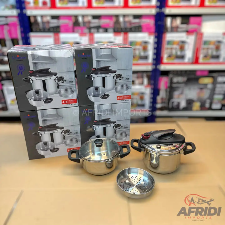 A set of stainless steel pressure cookers and pots.