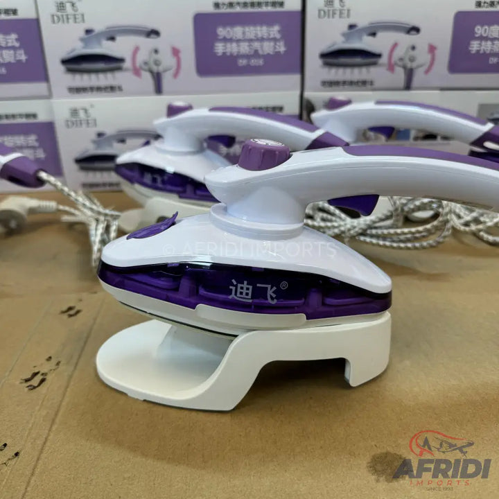 A portable handheld steam iron with a purple and white design.