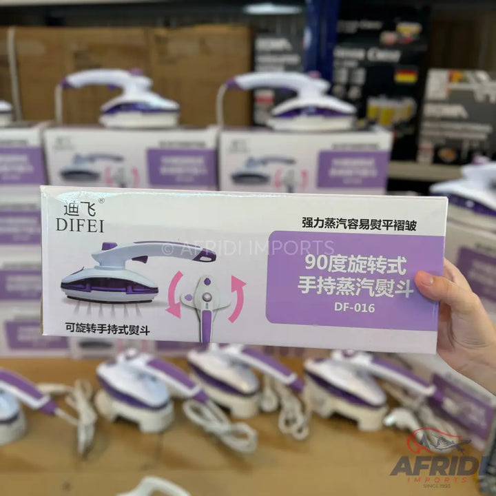 A portable, rotating handheld steam iron for easy wrinkle removal.