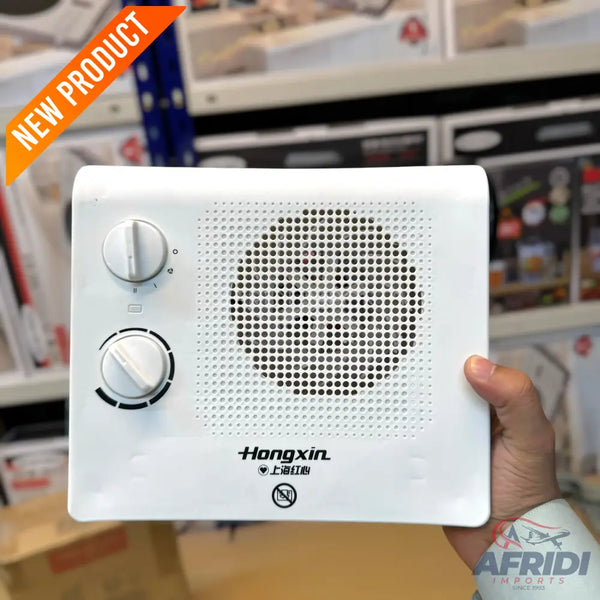 White portable electric heater with two control knobs and a perforated grille.