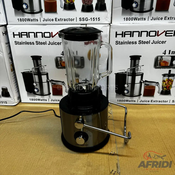 A stainless steel juicer and blender combination appliance.