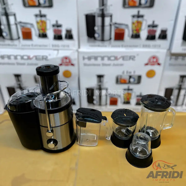 A stainless steel 4-in-1 juicer, blender, and grinder set.