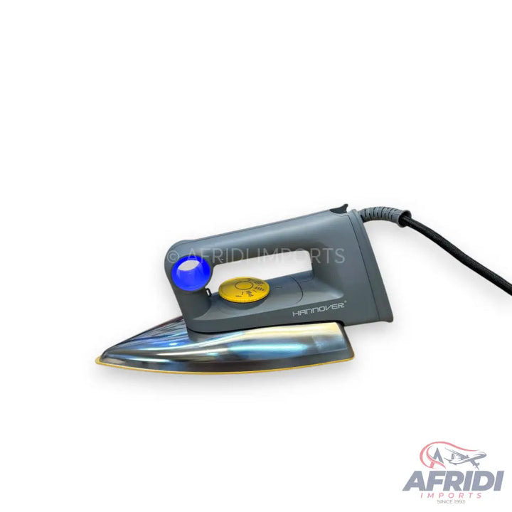 A dark gray electric dry iron with a blue knob and yellow temperature dial.