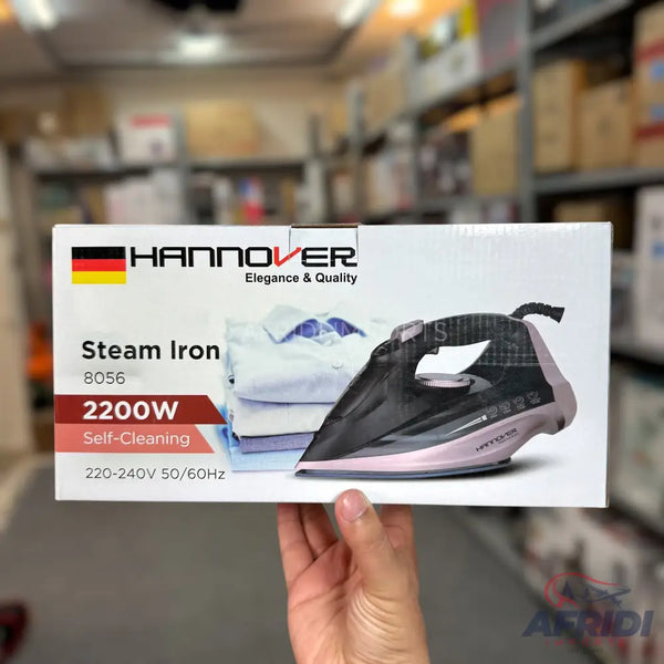 A boxed 2200W self-cleaning steam iron for clothes, operating on 220-240V 50/60Hz.