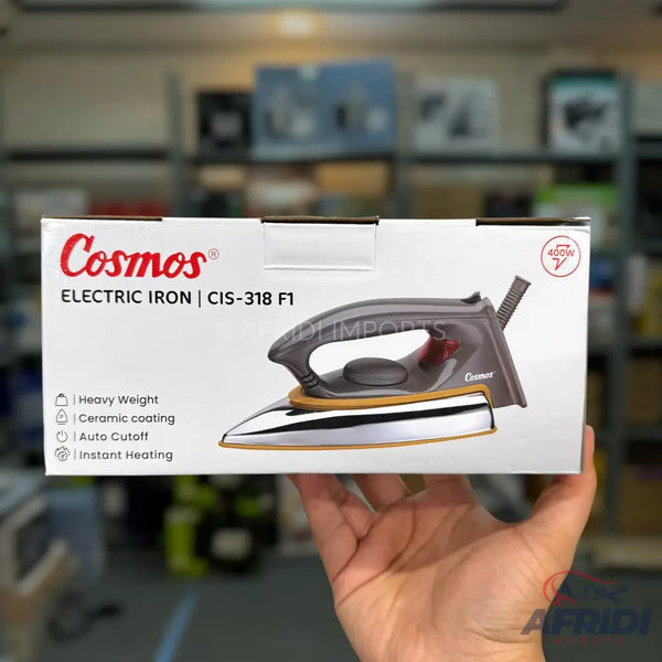 A boxed electric iron with a ceramic coating, auto cutoff, and instant heating.