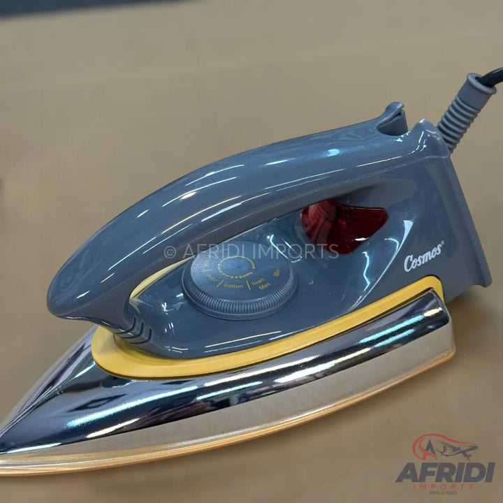 A dark gray and yellow electric dry iron with a shiny chrome soleplate.