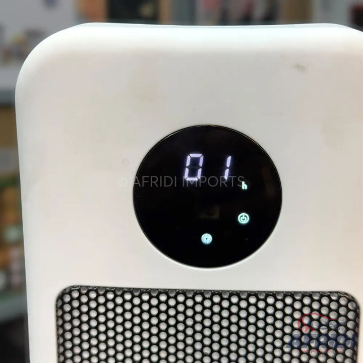 White air purifier with a digital display showing ’0.1’’ and two illuminated indicator lights.