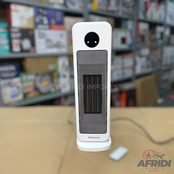 White tower fan heater with a black gridded front.
