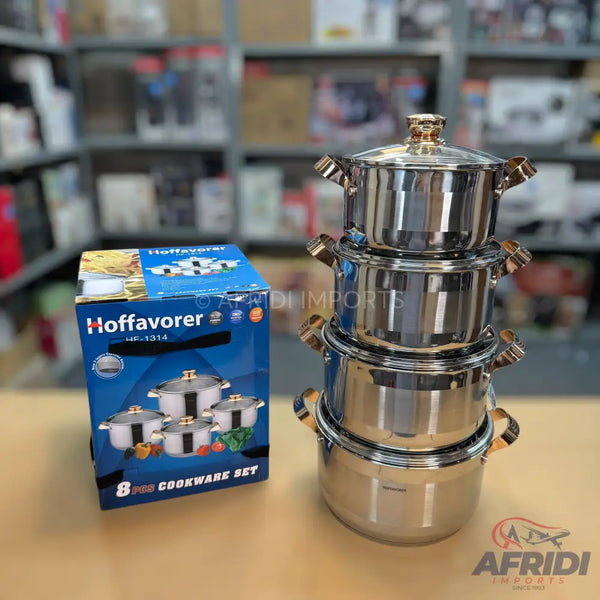 A stainless steel 8-piece cookware set.