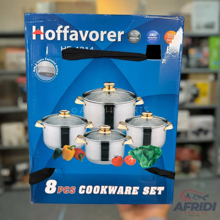 Hoffavorer 8-piece stainless steel cookware set with glass lids.