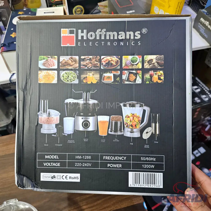 A multi-functional food processor with various attachments for chopping, blending, and juicing.