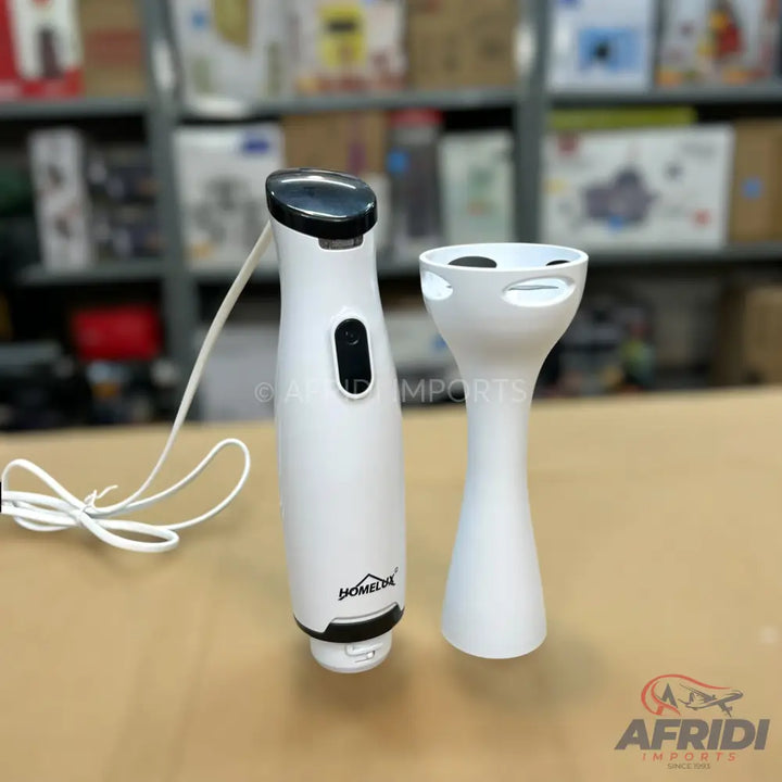 White electric hand blender with detachable blending wand.