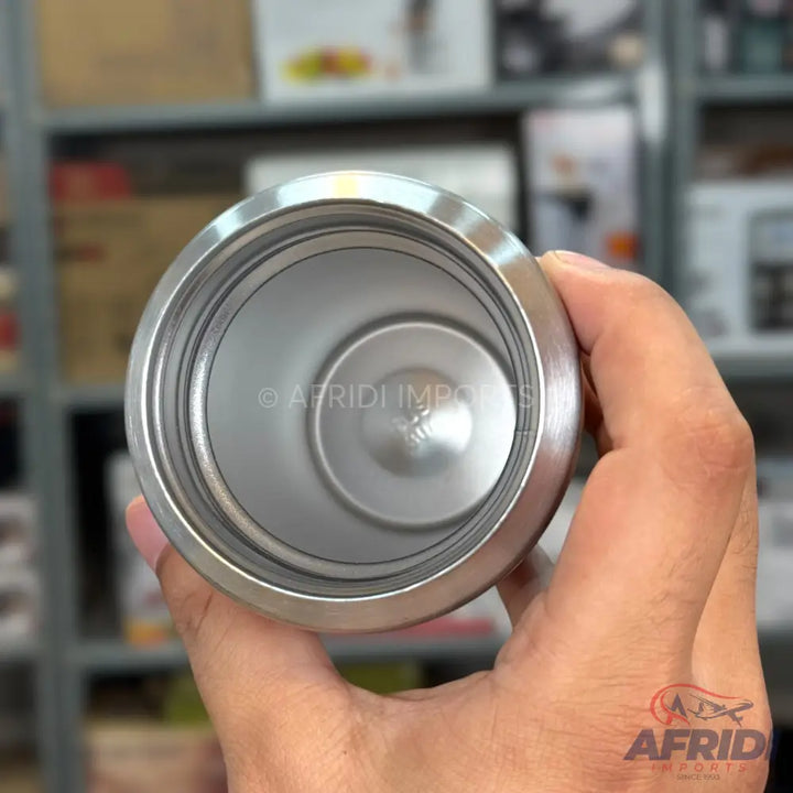 A stainless steel insulated drink tumbler, viewed from above, showing its double-walled interior.