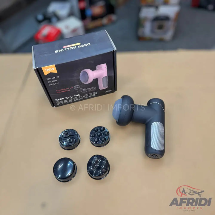 A compact, handheld deep rolling massager with multiple interchangeable massage heads.