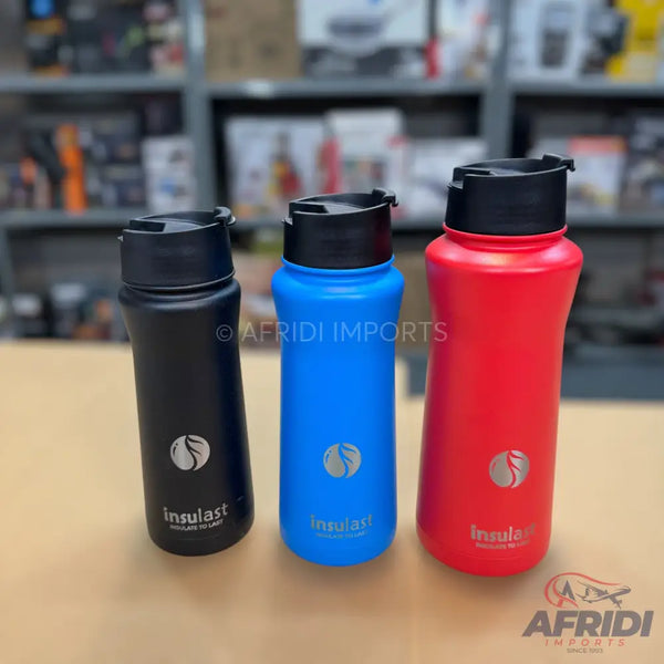 A set of three insulated water bottles in black, blue, and red.