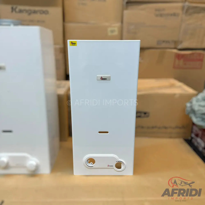 White rectangular water heater with controls at the bottom.