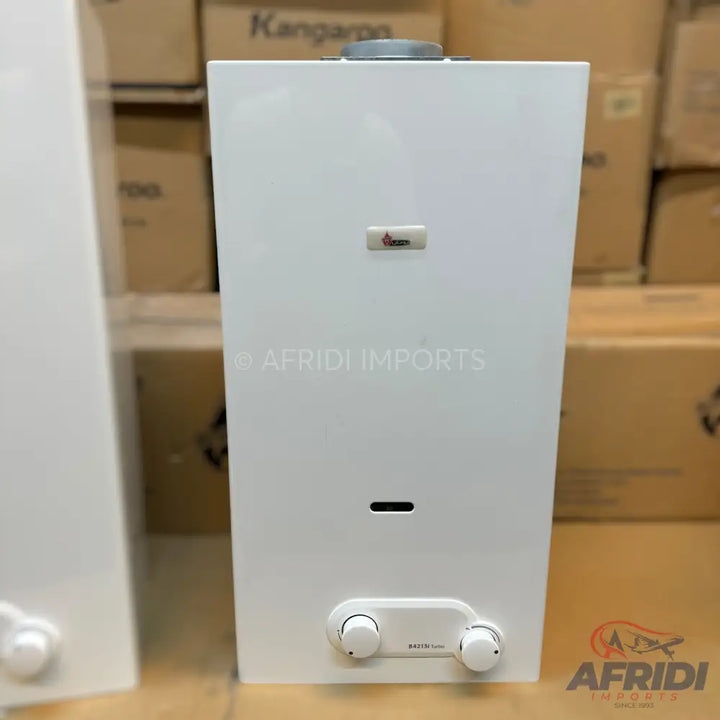 White rectangular gas water heater with two control knobs.