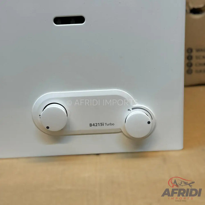 White water heater with two control knobs.