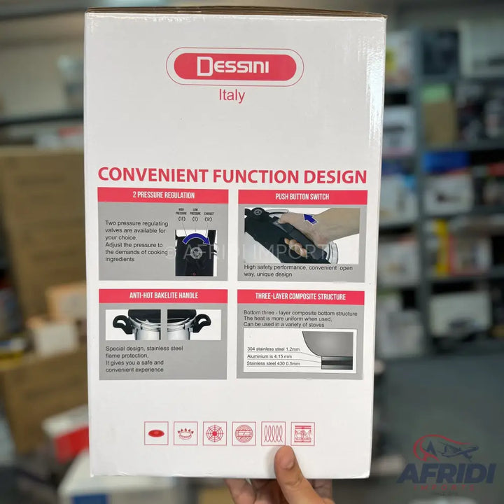 Box for a Dessini pressure cooker with ’Convenient Function Design’ features.
