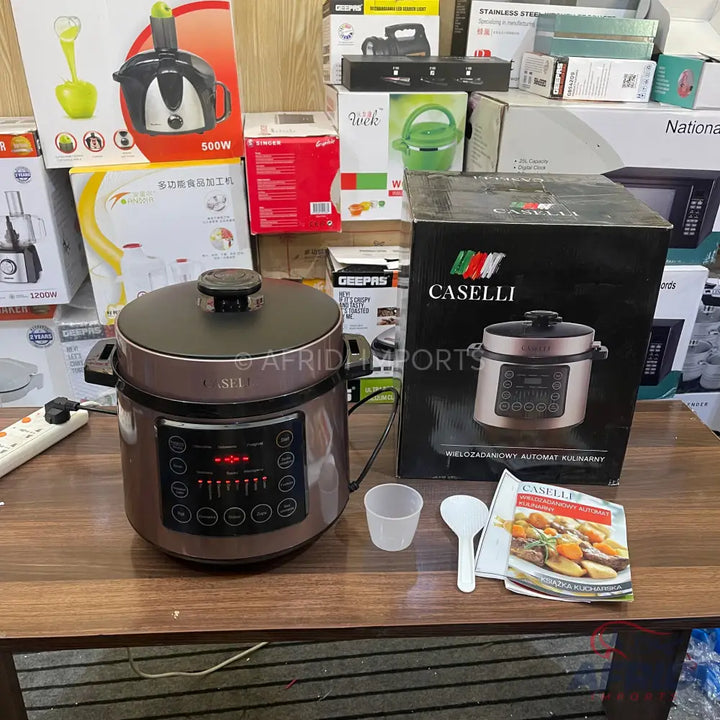 A dark brown and black electric pressure cooker with a digital display and control panel.