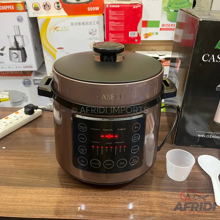 Brown digital electric pressure cooker with multiple preset functions.