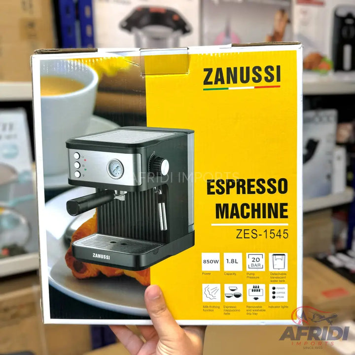 Zanussi espresso machine with 850W power, 1.8L capacity, and 20 bar pressure.