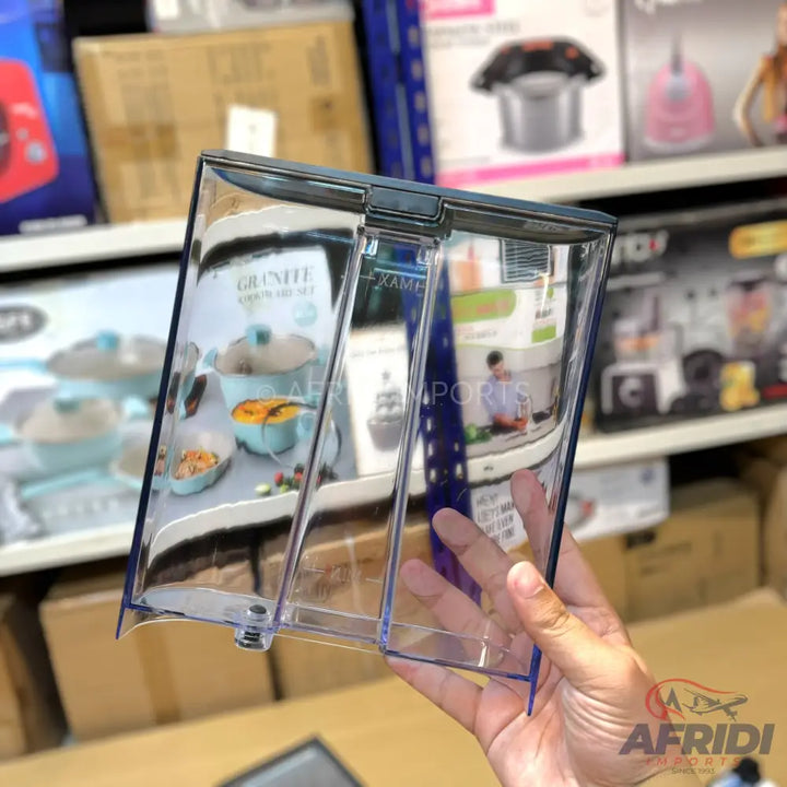 Clear plastic water reservoir or container with a dark grey lid.