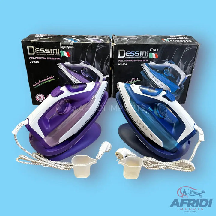 Two cordless steam irons, one purple and one blue, each with a charging base, measuring cup, and its original packaging.