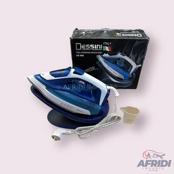 A blue and white steam iron with a cord and a measuring cup.