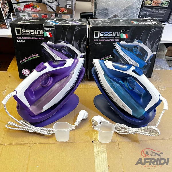 Two Dessini professional home appliance steam irons, one purple and one blue, with their bases, measuring cups, and power cords.