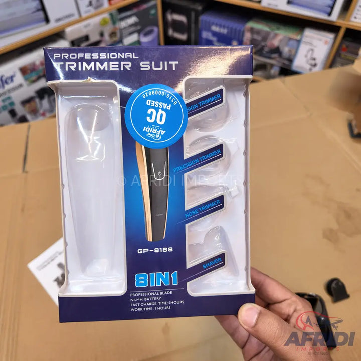 A multi-functional grooming kit containing a trimmer and various attachments.