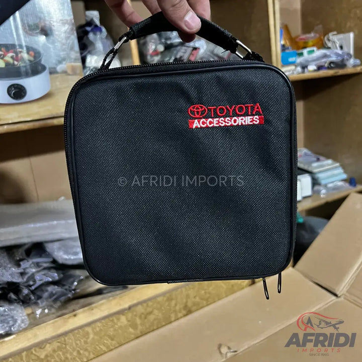 Black zippered carrying case with a top handle.