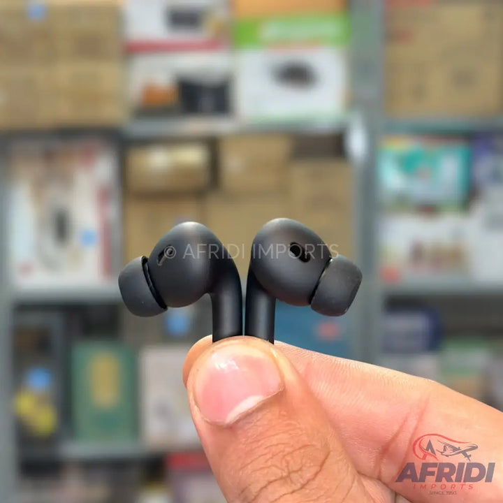 Pair of black wireless in-ear headphones.