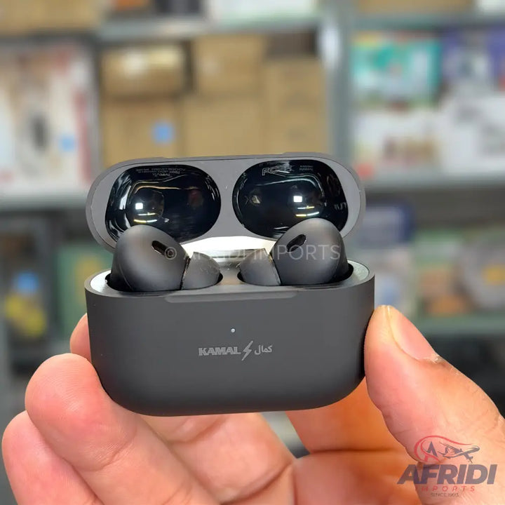 Dark grey wireless earbuds in an open charging case.