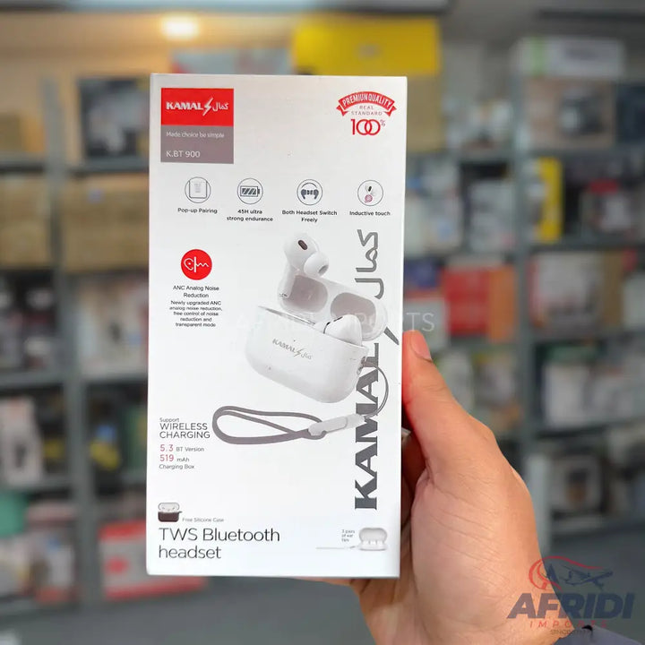 White true wireless stereo (TWS) Bluetooth headset in its retail packaging.