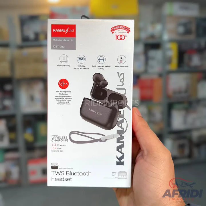 A white box for black TWS Bluetooth earbuds with a charging case and a carrying strap.