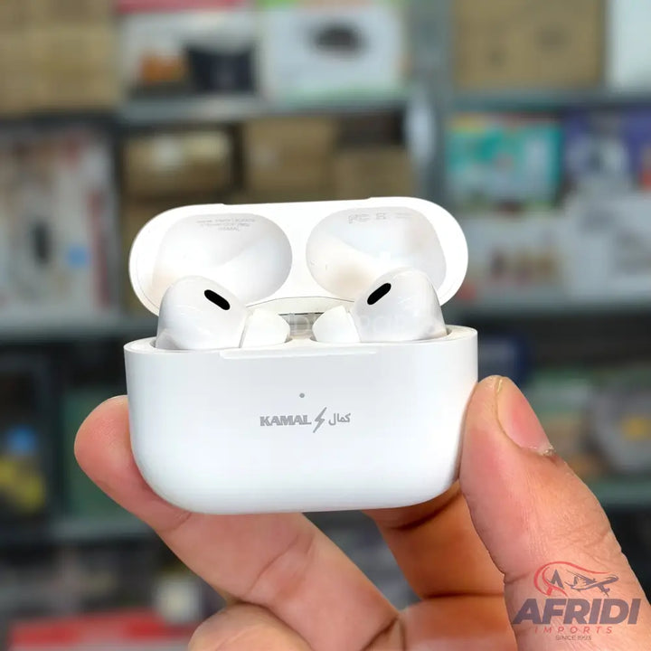 A pair of white wireless earbuds in their open charging case.