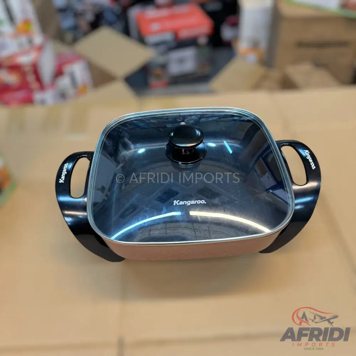 Square electric skillet with a glass lid and black handles
