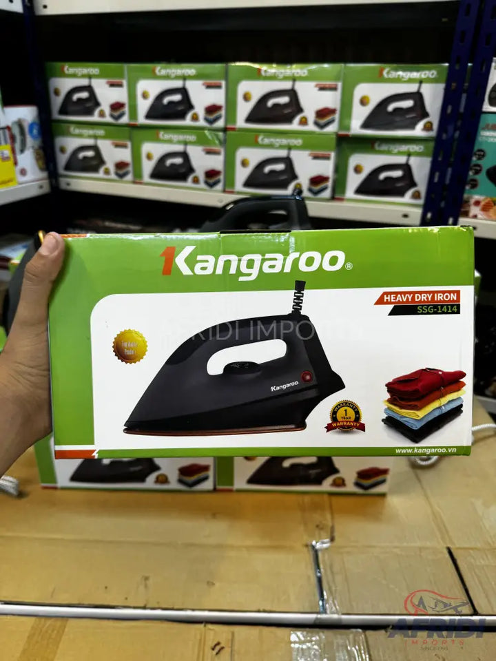 Black ’Kangaroo’ heavy dry iron with a red indicator light.