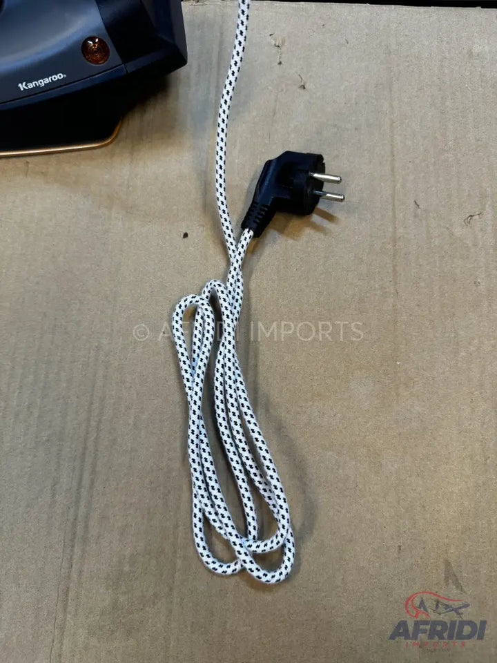 An electric iron with a braided power cord and two-prong plug.