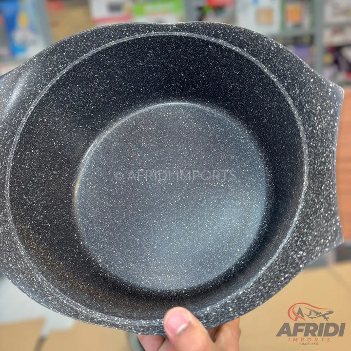 Black speckled non-stick cooking pot with two handles