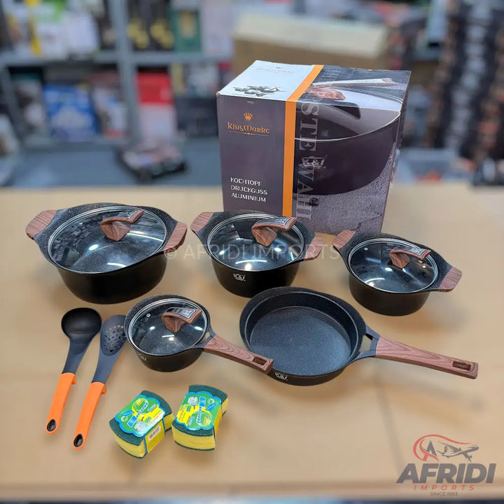 Black non-stick cookware set with wooden handles and glass lids.