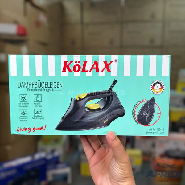 A boxed steam iron with a black and yellow design, featuring a ceramic soleplate and multiple temperature settings.