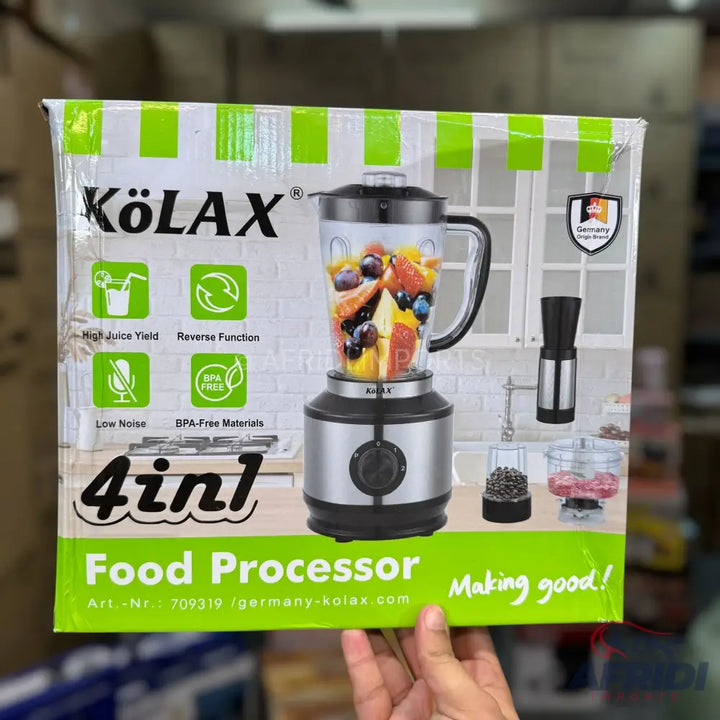 A Kolax 4-in-1 food processor with a blender, grinder, and mincer.