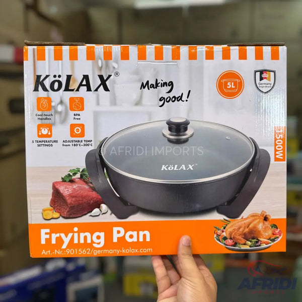 Kolax electric frying pan with a glass lid, 5-liter capacity, and 1500W power, featuring cool-touch handles, BPA-free construction, 5 temperature settings, and adjustable temperature from 190°C to 360°C.