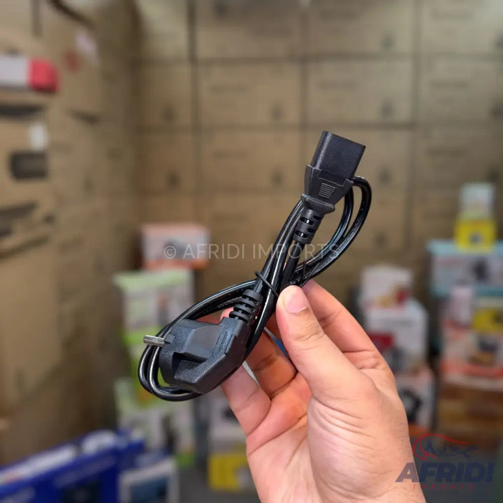 Black power cable with a two-prong angled plug and a C13 connector.