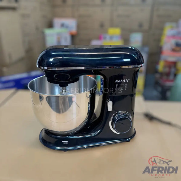 A black stand mixer with a stainless steel bowl.