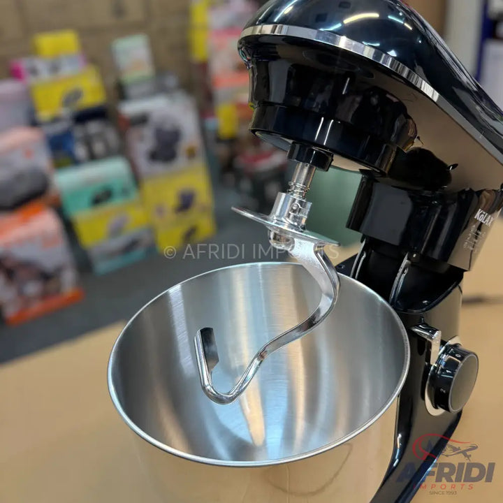 A black stand mixer with a stainless steel bowl and dough hook attachment.
