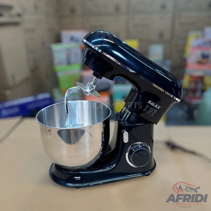 Black stand mixer with a stainless steel bowl and dough hook attachment.