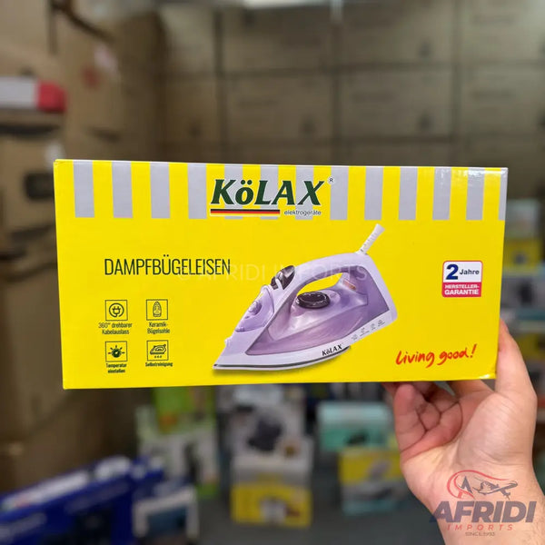A yellow box containing a purple steam iron.